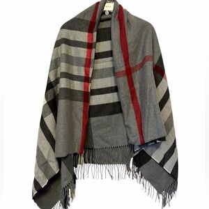 Striped Gray and Red Fringe Shawl